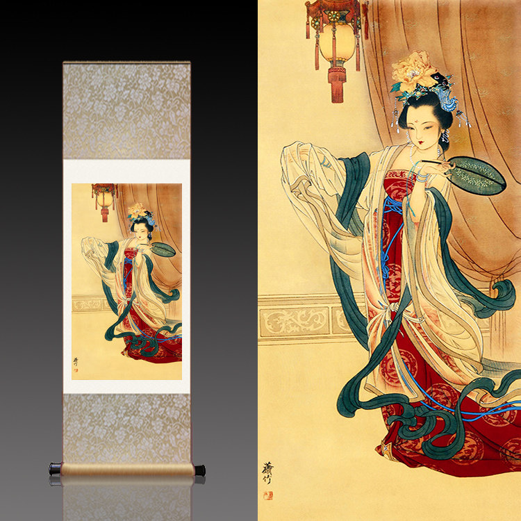 丝绸画卷轴挂画潇竹人物画工笔挂画跳舞仕女图茶楼壁画定制墙纸画