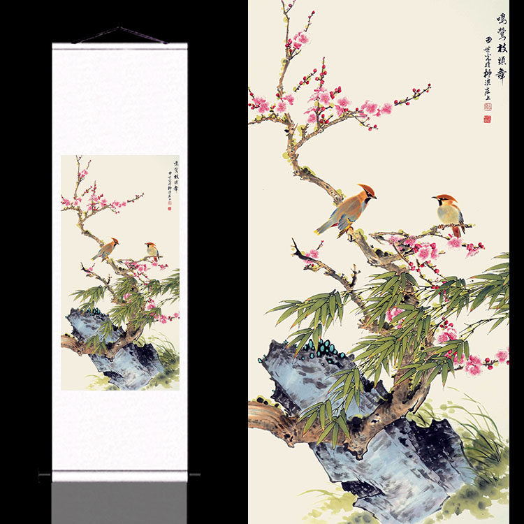 田世光桃花小鸟花鸟挂画丝绸画国画礼品卷轴字画茶楼装饰画风水画,家居饰品,国画,淘宝优惠券,粉丝福利购,淘宝优惠卷