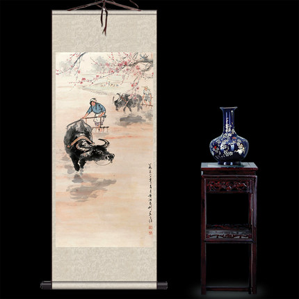 春耕图国画水墨画丝绸画水牛图卷轴画书房装饰画挂画礼品画茶楼画