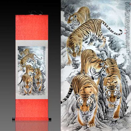 招财五虎图丝绸卷轴画镜片镜芯定制酒店会所装饰壁画真彩图猛虎图