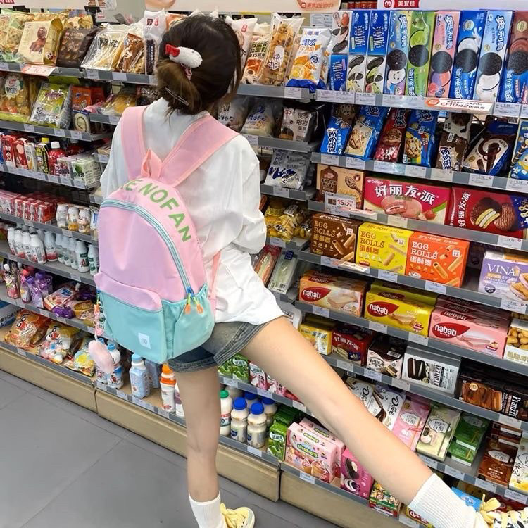 高颜值书包绿色双肩包可爱撞色包包女生大学生初高中软妹小众背包