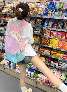 高颜值书包绿色双肩包可爱撞色包包女生大学生初高中软妹小众背包