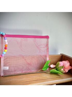 68包邮｜出口欧美马卡龙可爱彩虹弹力串珠粉色网纱化妆收纳包袋