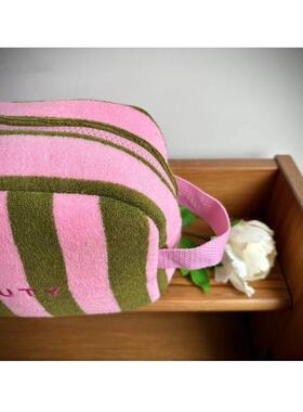 68包邮｜欧美外贸蜜桃粉西瓜绿条纹撞色大容量毛巾料手提收纳包