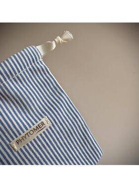 68包邮｜日系文艺外贸纯棉干净蓝白条纹烫金字母小号收纳抽绳袋