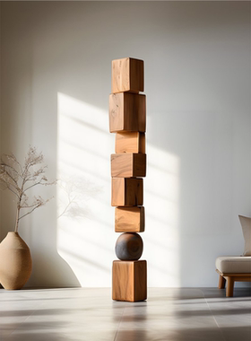 民宿酒店实木雕塑艺术品几何柱子竖高落地摆件展厅样板房玄关软装