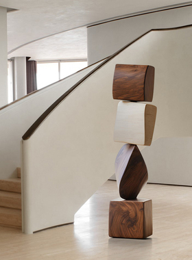 酒店样板房木雕落地摆件客厅玄关抽象竖高雕塑艺术品售楼处装饰品