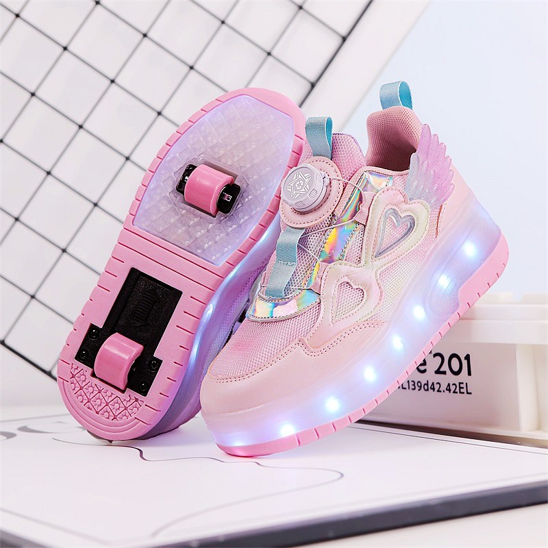 暴走鞋女童双轮可收缩飞行鞋亮灯发光儿童鞋子学生隐形暴走轮滑鞋