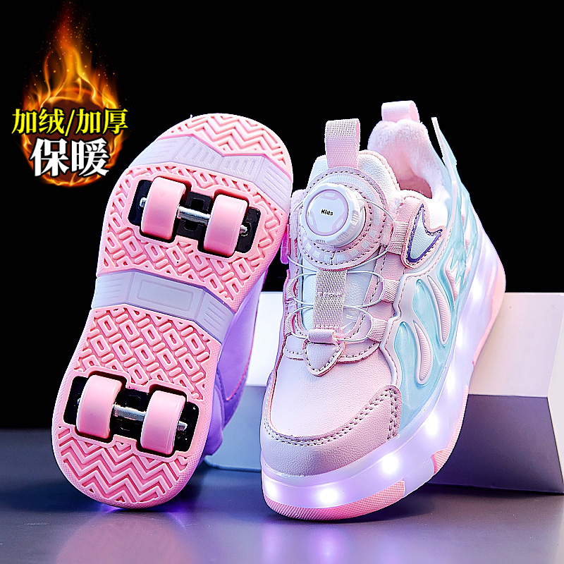 暴走鞋女童冬季隐形四轮儿童带轮鞋子加绒保暖亮灯学生暴走轮滑鞋