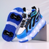 子飞行隐形儿童暴走轮滑鞋 网面透气男童鞋 发光 四轮可拆夏季 暴走鞋