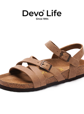 Devo软木凉鞋女休闲平底时尚防滑罗马日系复古女鞋56170