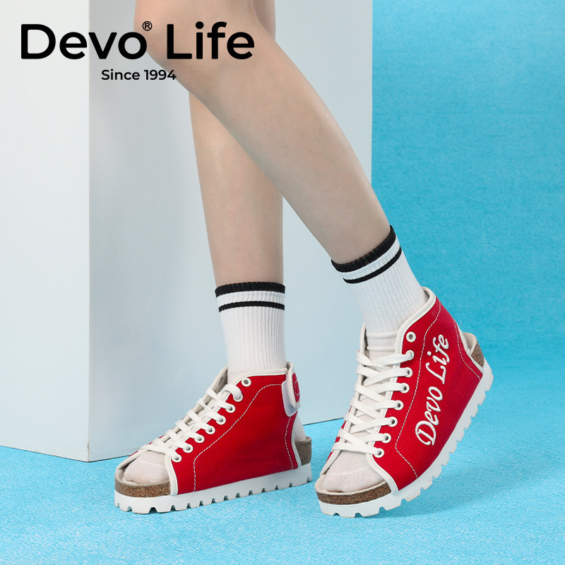 Devo/的沃帆布鞋透气时尚休闲平底透气厚底系带百搭凉鞋学生