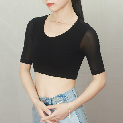 黑色圆领中袖网纱t恤女士夏季薄款内搭纱衣打底衫2022夏大码上衣