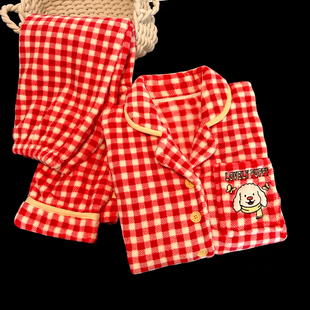 睡衣女款 冬季 法兰绒加厚红格子鸿运本命年少女家居服套 接好运