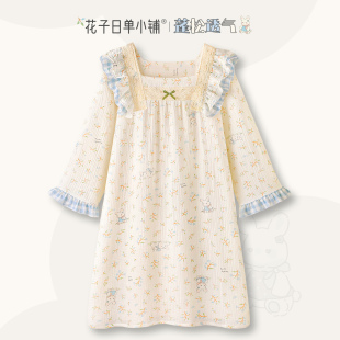 纯棉纱布睡衣甜美公主风长袖 家居服 新款 〖萌兔茶兔〗睡裙春秋季
