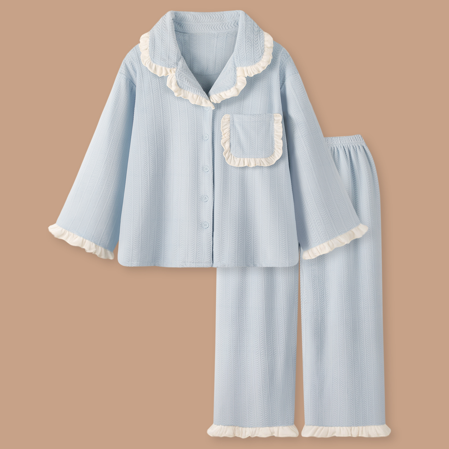 『软奶蓝』日系甜美保暖睡衣女秋冬款海岛绒可外穿宽松家居服套装