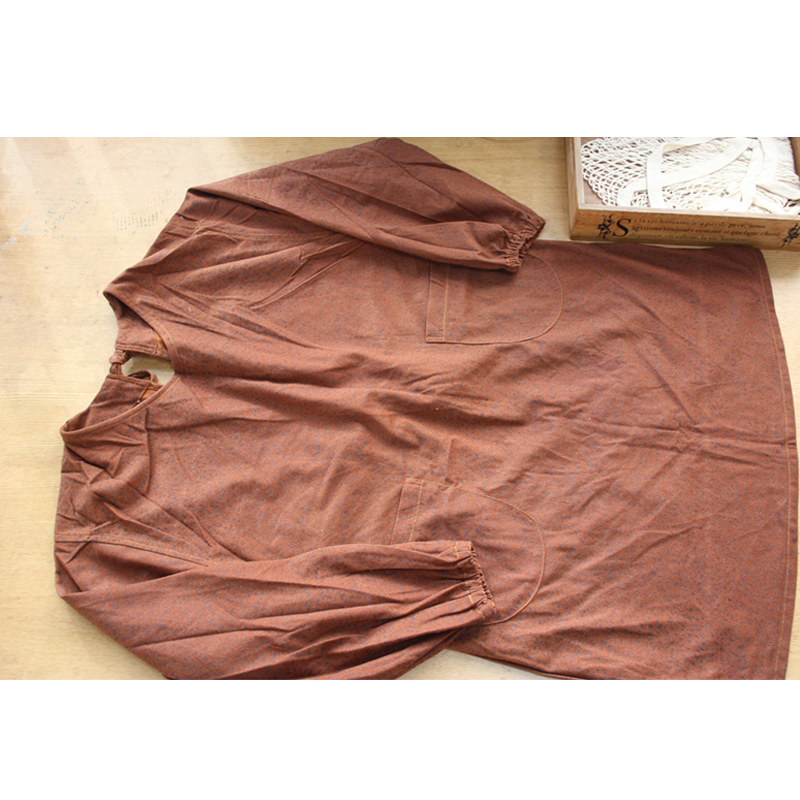 外贸日单 春秋季 复古简约棕红色豹纹图案长袖系带围裙罩衣反穿衣