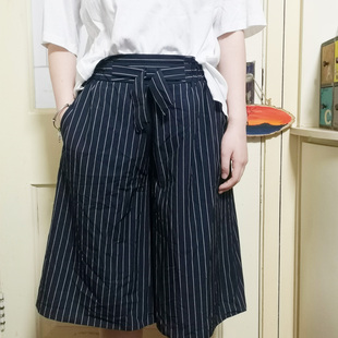 外贸日单 夏季 接触凉感速干短裤 小文艺学院风宽松条纹松紧腰短裤