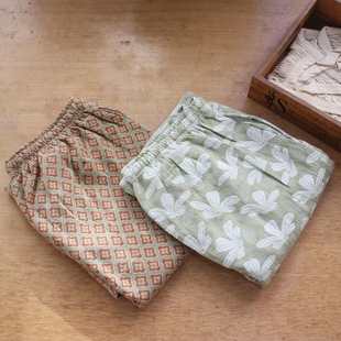 日系复古小清新纯棉纱布料九分家居裤 简约文艺宽松大直筒睡裤女