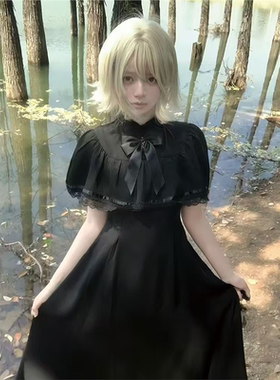 日系哥特风法式复古黑色显瘦斗篷 中长连衣裙cosplay法式复古夏