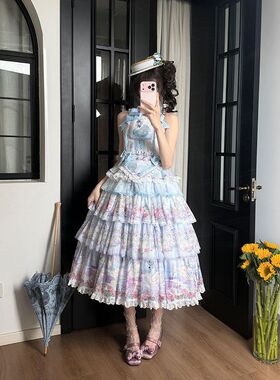 田园风现货原创lolita蓝色天鹅湖连衣裙jsk披肩优雅洛丽塔连衣裙