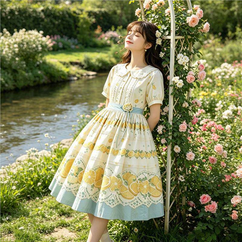 热卖大码200斤现货lolita少女连衣裙夏季宽松显瘦洋装柠檬印花裙