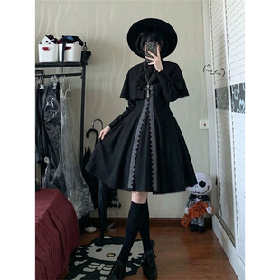 哥特轻lo裙日常蕾服cla系lolita长裙+优雅斗篷套装女现货