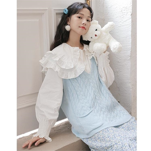 lolita新款设计感小众法式复古娃娃领荷叶边白色打底衬衫上衣