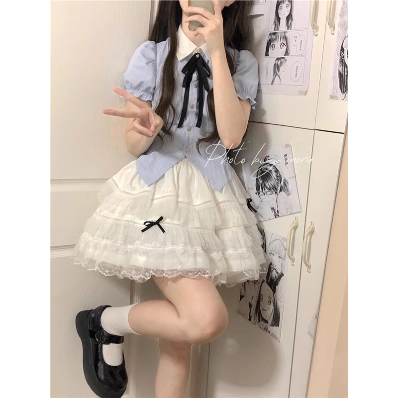太可爱啦!!【童装】女童2026新款小清新蓝色衬衫上衣蓬蓬裙两件套
