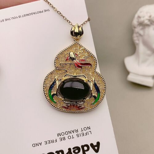 黑玛瑙项链镶嵌福禄葫芦玉