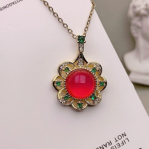 真品红玉髓项链玛瑙吊坠花