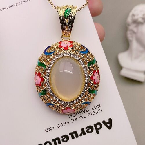 白玛瑙吊坠玉髓项石链珐琅
