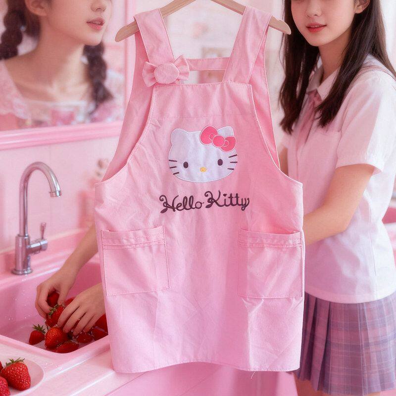 可爱猫咪薄款卡通围裙粉工作服围腰厨房女背带式短款有袖立体设计