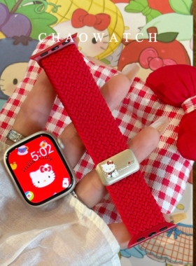 适用于苹果手表表带s11代apple女iwatch1098kt磁吸红色尼龙编织se