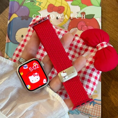 适用于苹果手表表带s11代apple女iwatch1098kt磁吸红色尼龙编织se