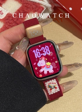 马年红色适用于苹果手表表带s11代apple女iwatch109876弹力尼龙se