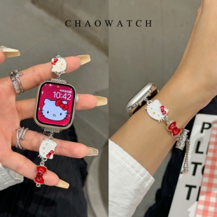 适用苹果手表表带s10代apple女款iwatch9金属链kt凯蒂猫se夏天876