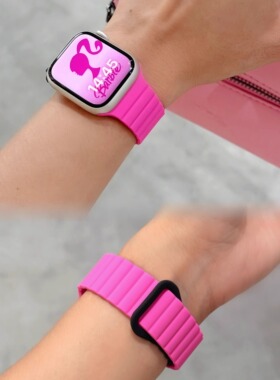 适用苹果iwatch9手表表带applewatch8磁吸硅胶s7夏se女款芭比粉黑