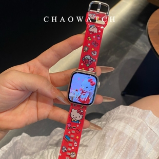 红色kt凯蒂猫tpu适用于苹果手表表带s11代apple女iwatch109876se