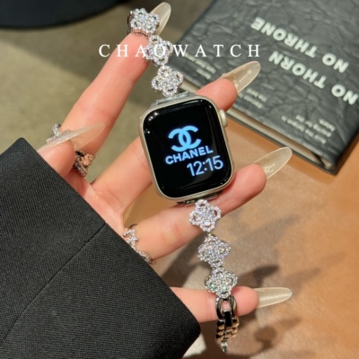 四叶草皓石闪钻适用于苹果手表表带s10代apple女iwatch98金属se夏