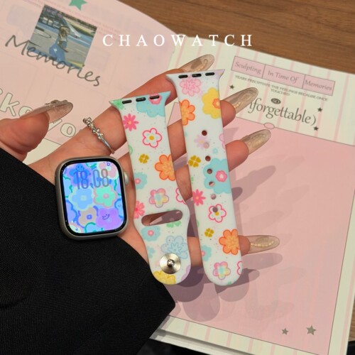 夏日花朵适用于苹果手表表带s11代apple女iwatch109876硅胶se夏季