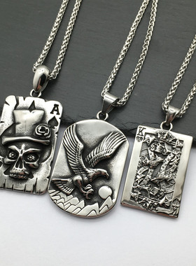 玫瑰骷髅绅士黑桃扑克钛钢吊坠