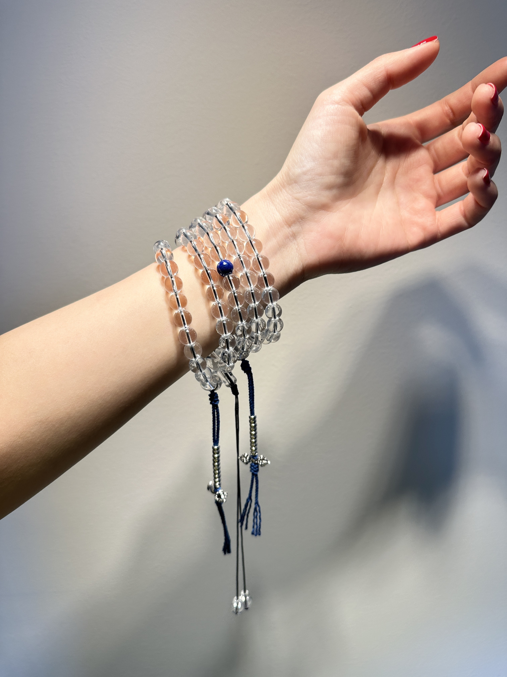 天然巴西白水晶正圆珠108颗念珠搭配老料青金石s925银