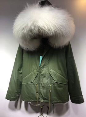 冬新品短款大码加厚棉服星星款白色貉子毛大毛领工装派克服可拆卸