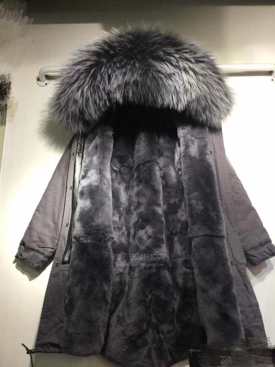奶奶灰獭兔毛派克服女长款潮牌冬新品大毛领可拆连帽休闲工装皮草