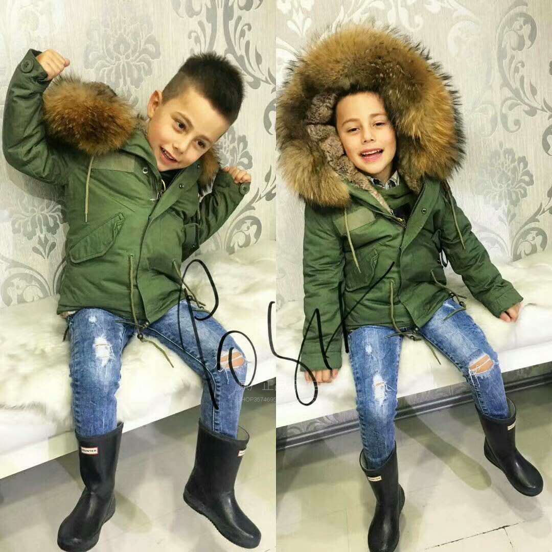 Meifng冬季新品潮牌儿童加厚派克服短款军绿色大貉子毛领可拆棉衣