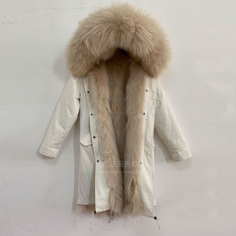 长款女士皮草冬新品潮牌杏色狐狸毛皮毛一体大毛领连帽保暖派克服