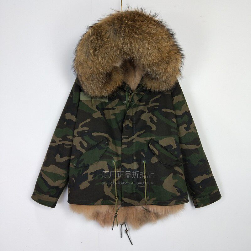 迷彩可拆卸狐狸毛尼克服男士短款大码派克服潮牌新品真皮草大毛领