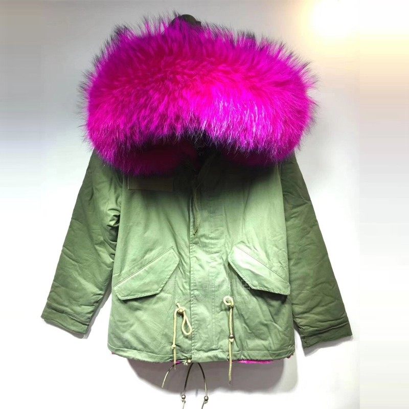 冬新品经典潮牌唐嫣同款真貉子毛领派克服短款加厚保暖军绿棉衣女