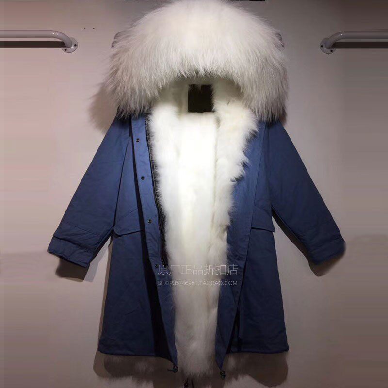 潮牌冬新品白色狐狸毛派克服女长款雾霾蓝工装大毛领可拆休闲外套